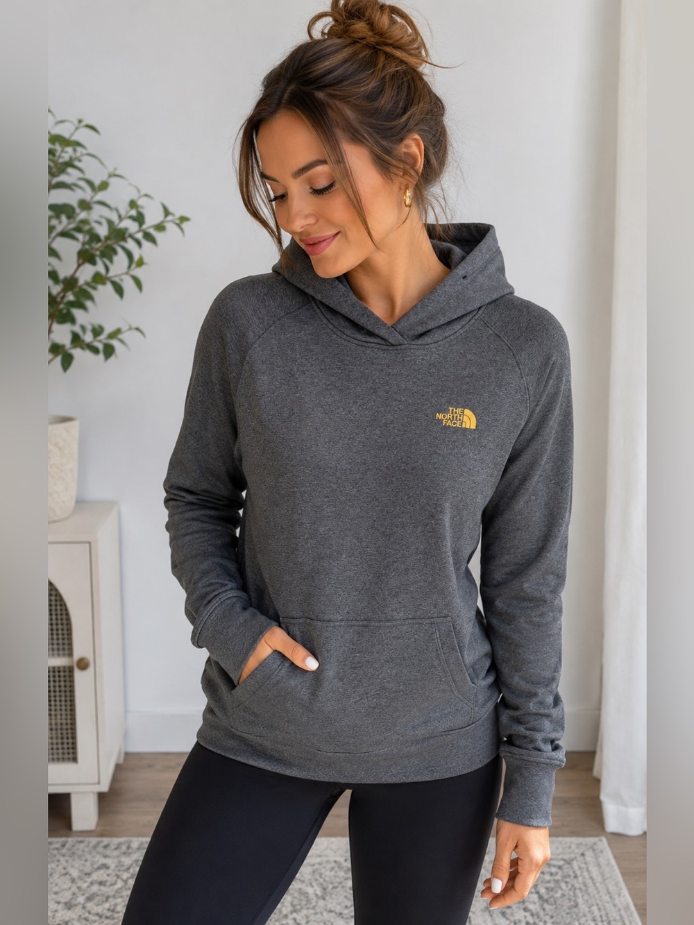 The North Face Heather Charcoal Hoodie with Yellow Logo